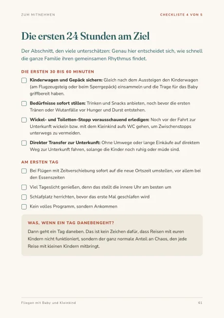 Beispielseite aus dem Guide: Checkliste für die ersten 24 Stunden am Ziel