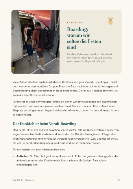 Beispielseite aus dem Guide: Anfang von Kapitel 07 über das Boarding, mit Foto und Symbol